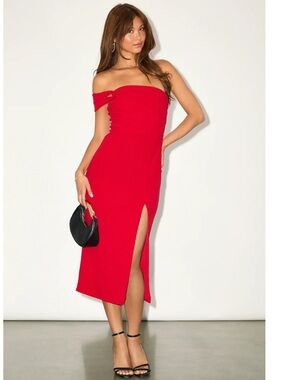 Lulus Twist and Make Up Red One-Shoulder Bodycon Midi Dress with Side Slit NWT S